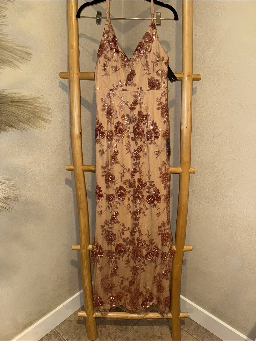 Lulu's Rose Gold Sequin Floral Prom Dress
